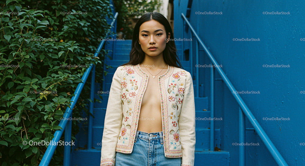 Woman in Embroidered Jacket on Blue Staircase