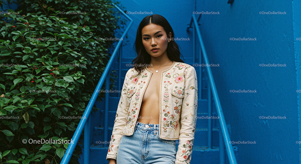 Fashion Model in Embroidered Jacket on Blue Staircase