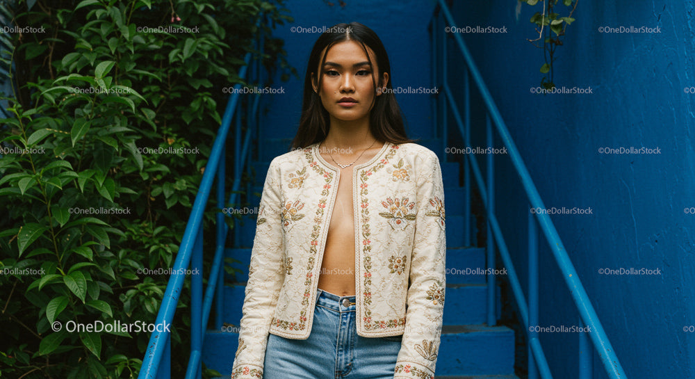 Confident Woman in Embroidered Jacket on Blue Stairs