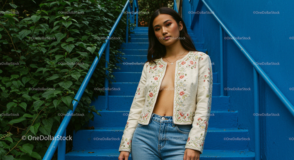 Stylish Woman in Embroidered Jacket on Blue Stairs