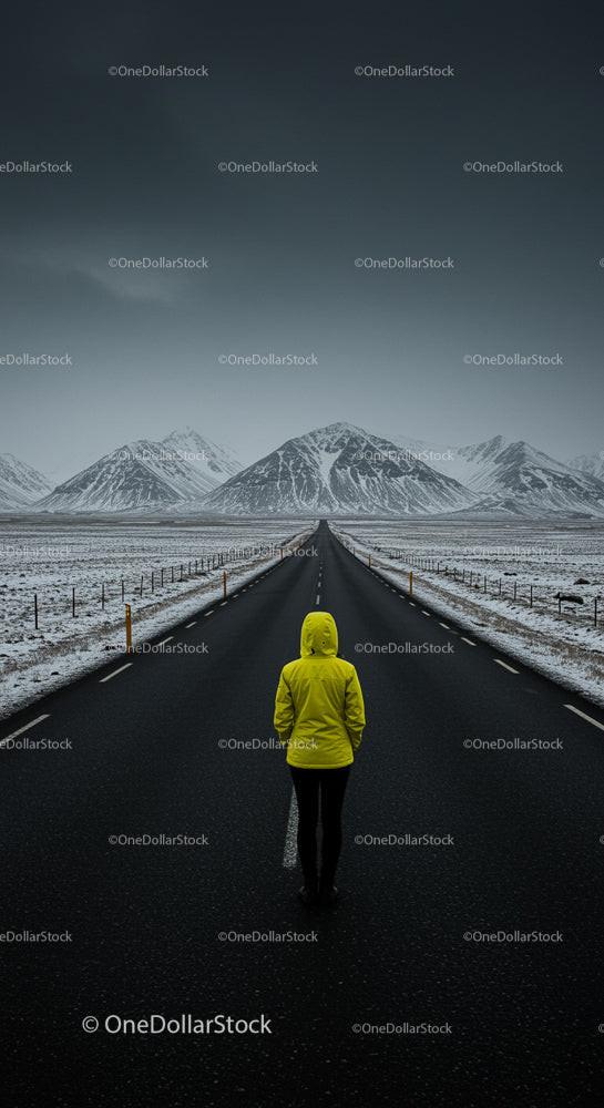 Solitary Figure in Yellow Jacket Facing Snowy Mountains