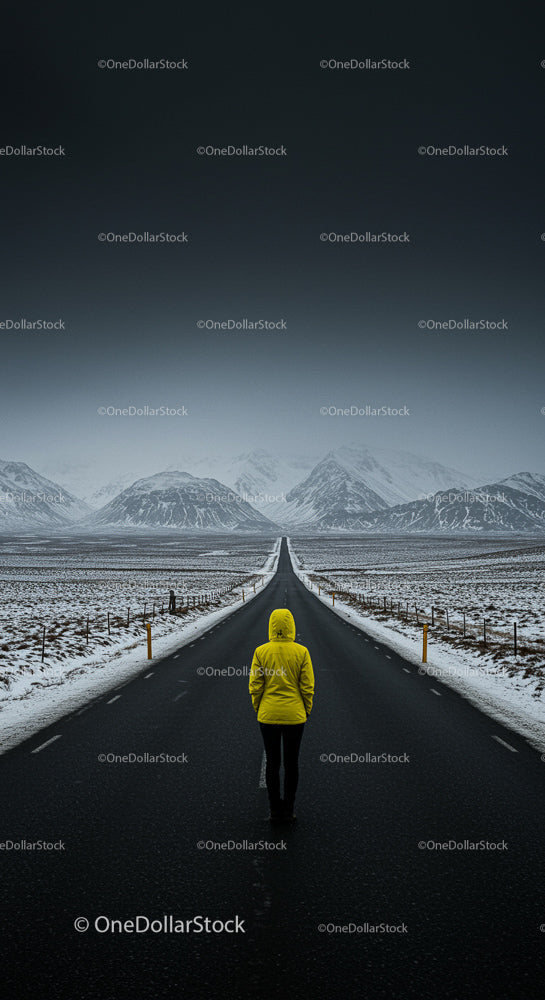 Solitary Figure in Yellow on Snowy Mountain Road