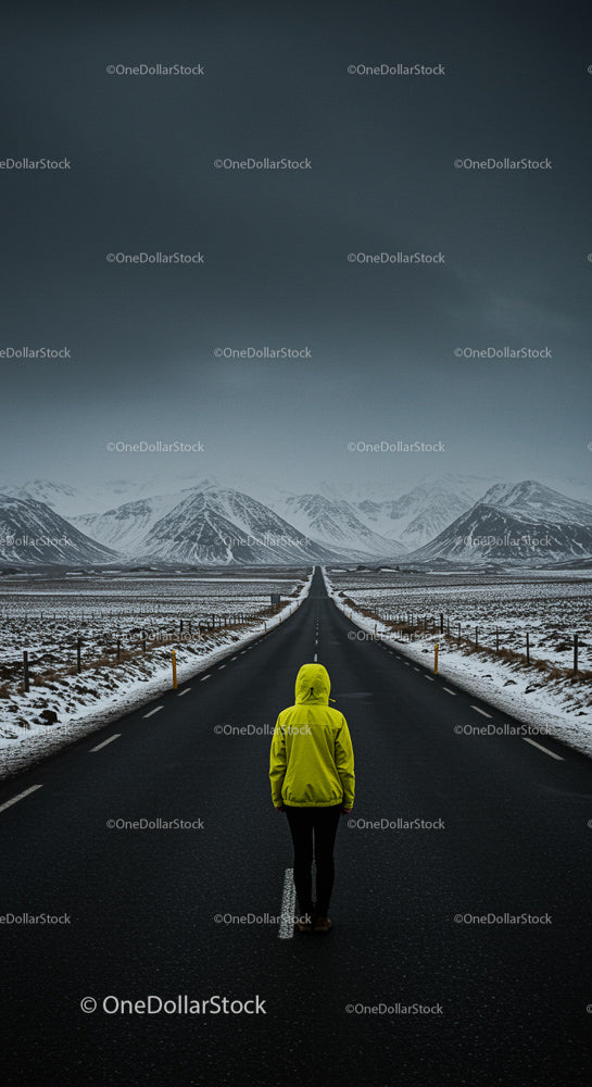 Person in Yellow Jacket Walking on Snowy Mountain Road