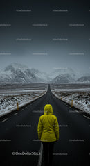 Solitary Traveler on Snowy Mountain Road in Yellow Jacket