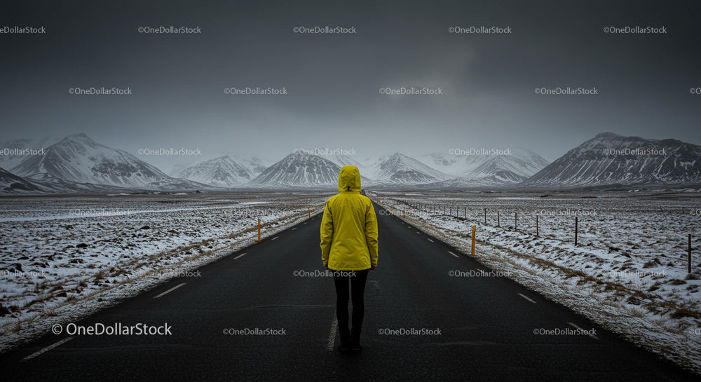 Person in Yellow Jacket Facing Snowy Mountain Road