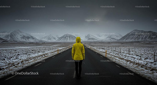 Person in Yellow Jacket Facing Snowy Mountain Road