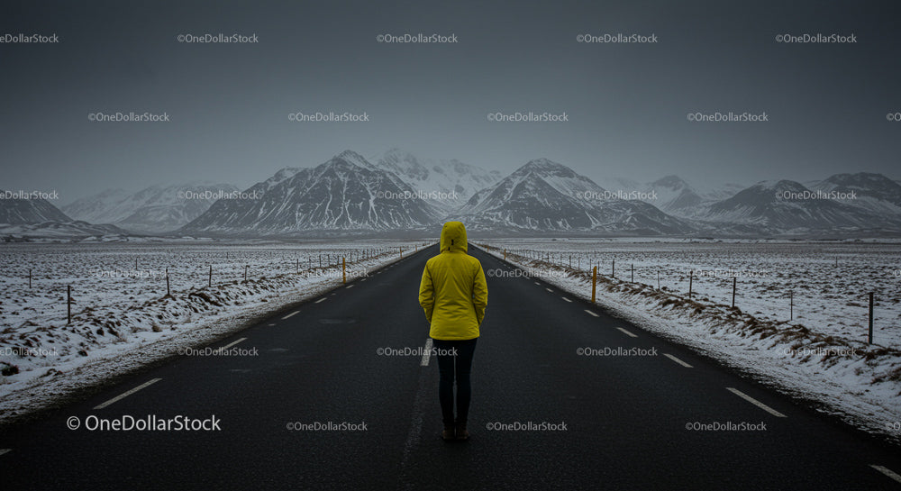 Traveler in Yellow Jacket on Snowy Mountain Road