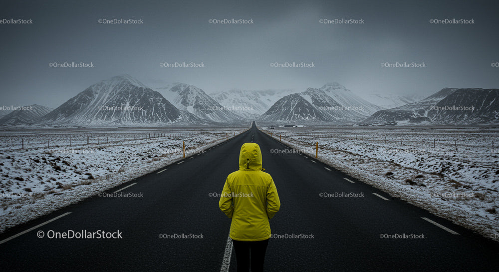 Person in Yellow Jacket Facing Snowy Mountain Road