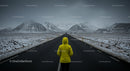 Person in Yellow Jacket Facing Snowy Mountain Road