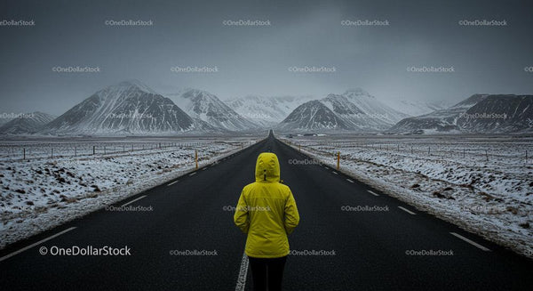 Person in Yellow Jacket Facing Snowy Mountain Road