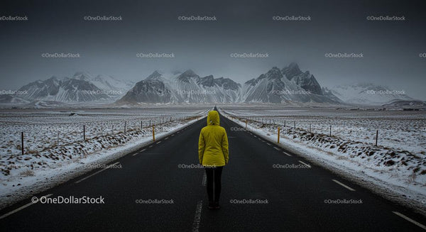 Traveler in Yellow Jacket on Snowy Mountain Road