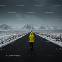 Person in Yellow Jacket on Snowy Road with Mountain Vista