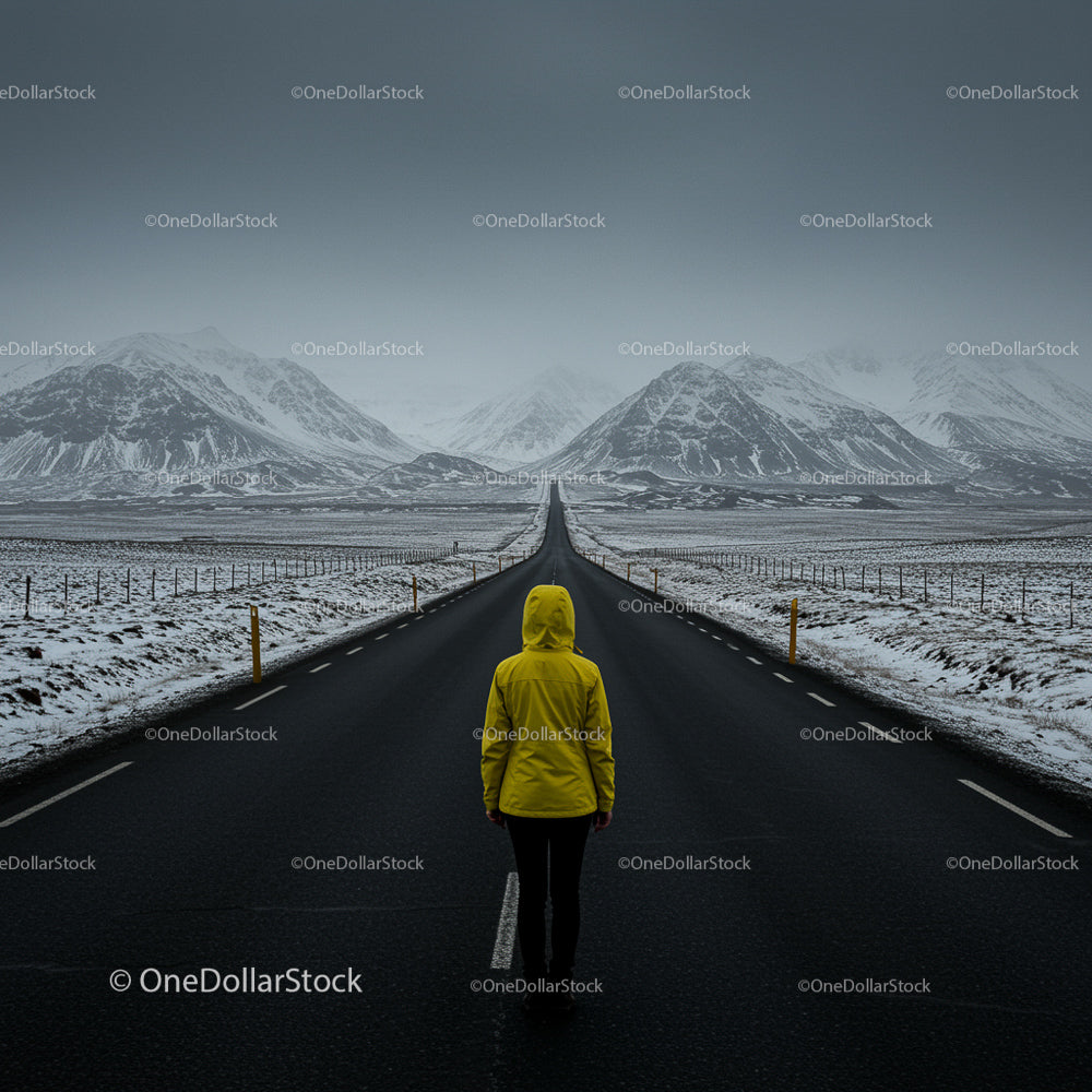 Traveler in Yellow Jacket on Empty Winter Road