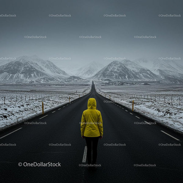 Traveler in Yellow Jacket on Empty Winter Road