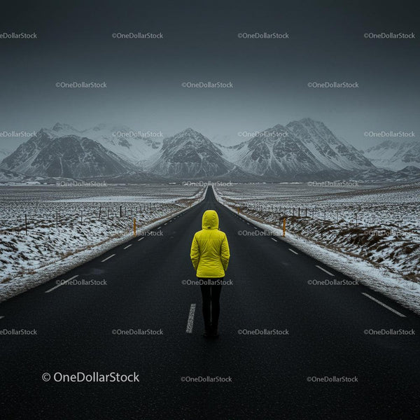 Lone Traveler on Snowy Road with Majestic Mountain View