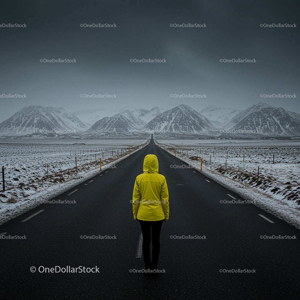 Person in Yellow Jacket on Snowy Mountain Road