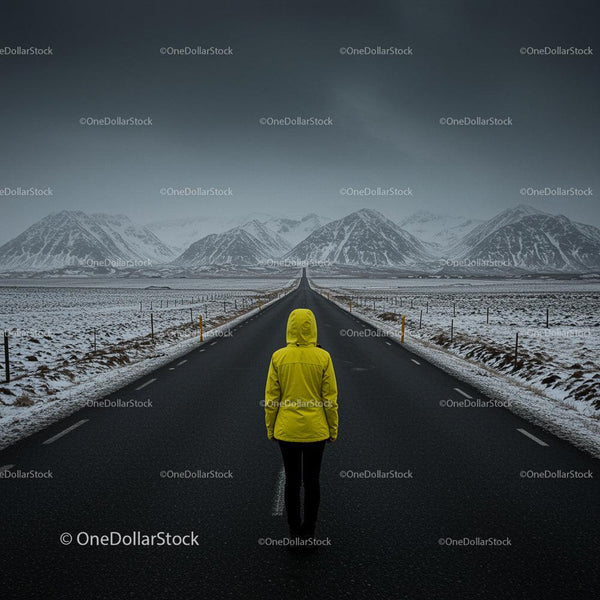 Person in Yellow Jacket on Snowy Mountain Road
