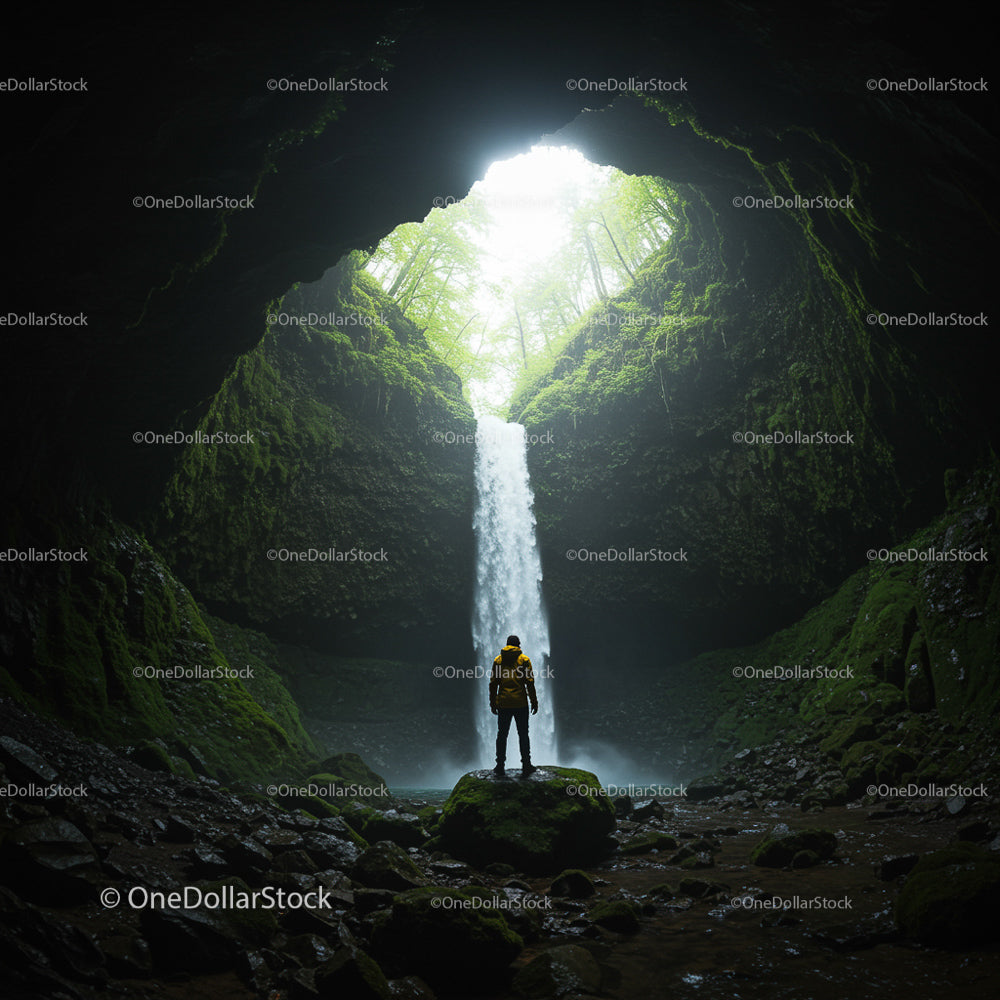 Adventurer in a Lush Cave with Stunning Waterfall