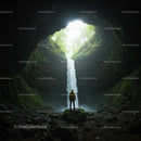 Adventurer in a Lush Cave with Stunning Waterfall