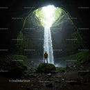 Adventurer in Mossy Cave with Waterfall