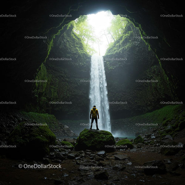 Adventurer in Mossy Cave with Waterfall