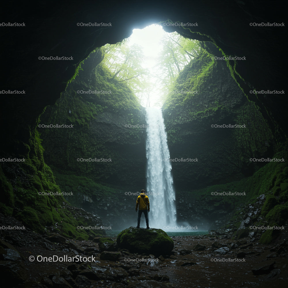 Adventurer Standing by Majestic Waterfall in Lush Cave