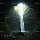 Adventurer Standing by Majestic Waterfall in Lush Cave