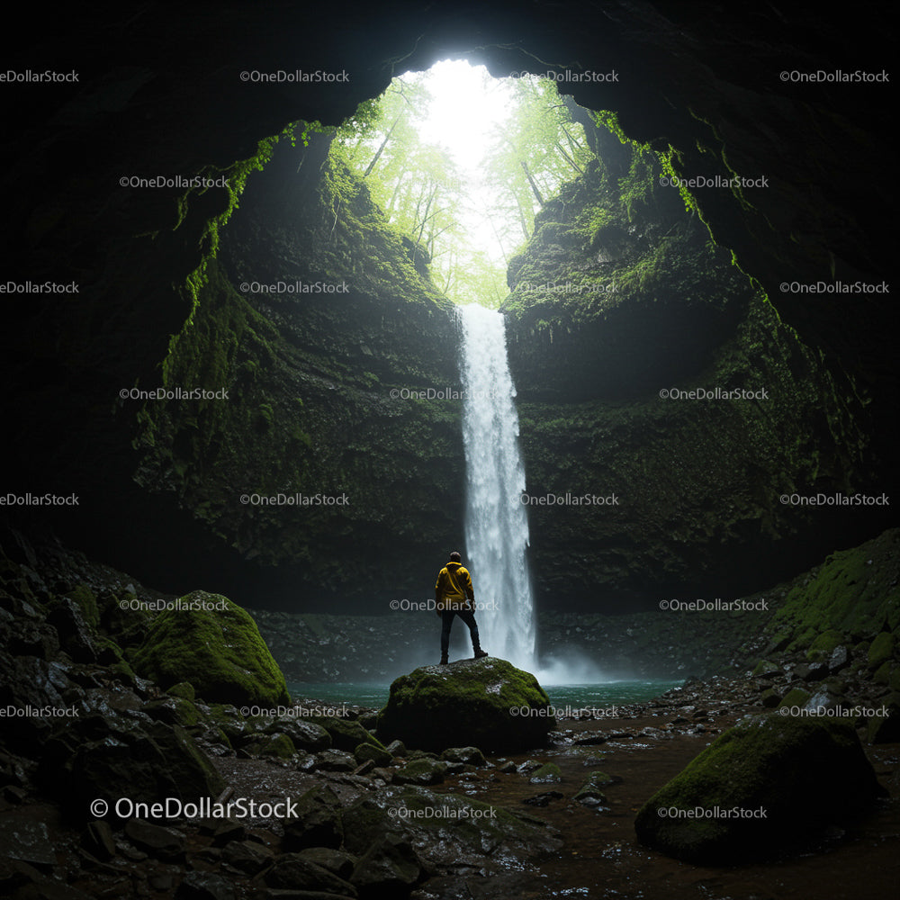 Adventurer Exploring Lush Waterfall Cave