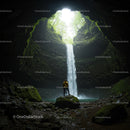 Adventurer Exploring Lush Waterfall Cave