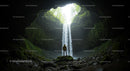 Adventurous Hiker in Mystical Cave with Waterfall