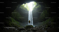 Adventurous Hiker in Mystical Cave with Waterfall