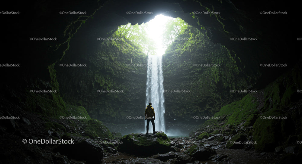 Adventurer Standing in a Majestic Cave with Waterfall