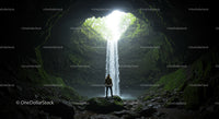 Adventurer Standing in a Majestic Cave with Waterfall