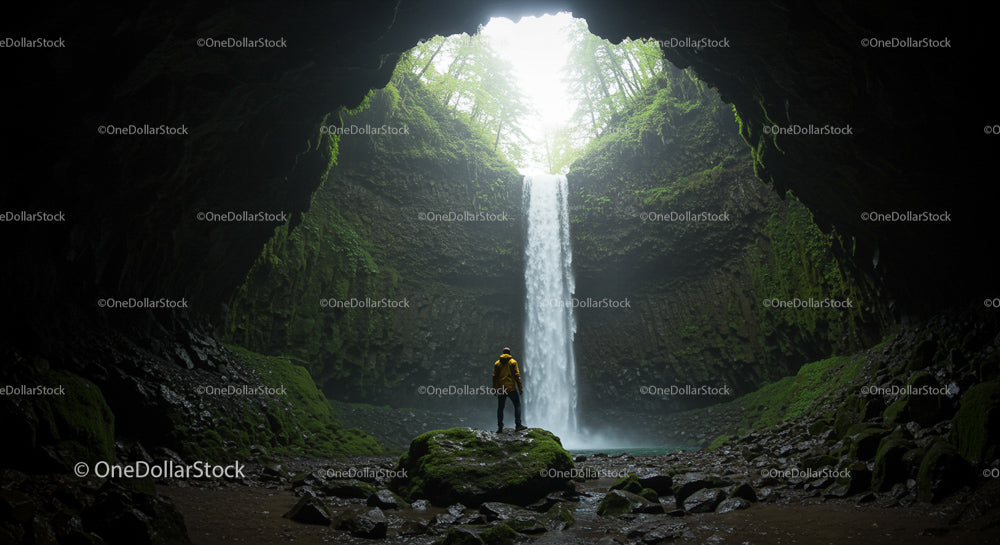 Adventurer Standing in a Cave with a Waterfall View