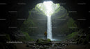Adventurer Standing in a Cave with a Waterfall View