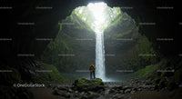 Adventurer Standing in a Cave with a Waterfall View
