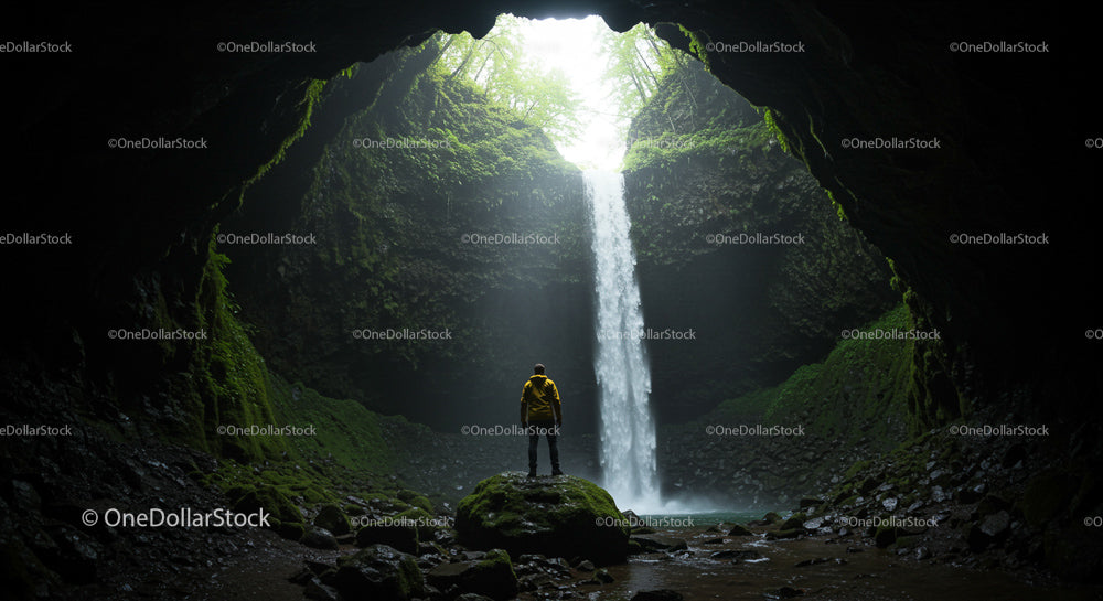 Adventurer Exploring Mystical Waterfall in Hidden Cavern