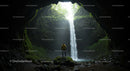 Adventurer Exploring Mystical Waterfall in Hidden Cavern