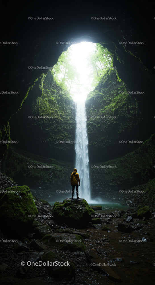 Explorer Standing by Majestic Waterfall in Mossy Cave