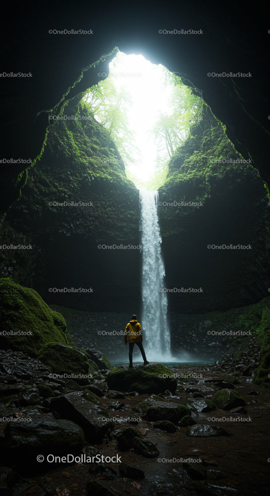 Adventurer in Sunlit Cave with Cascading Waterfall