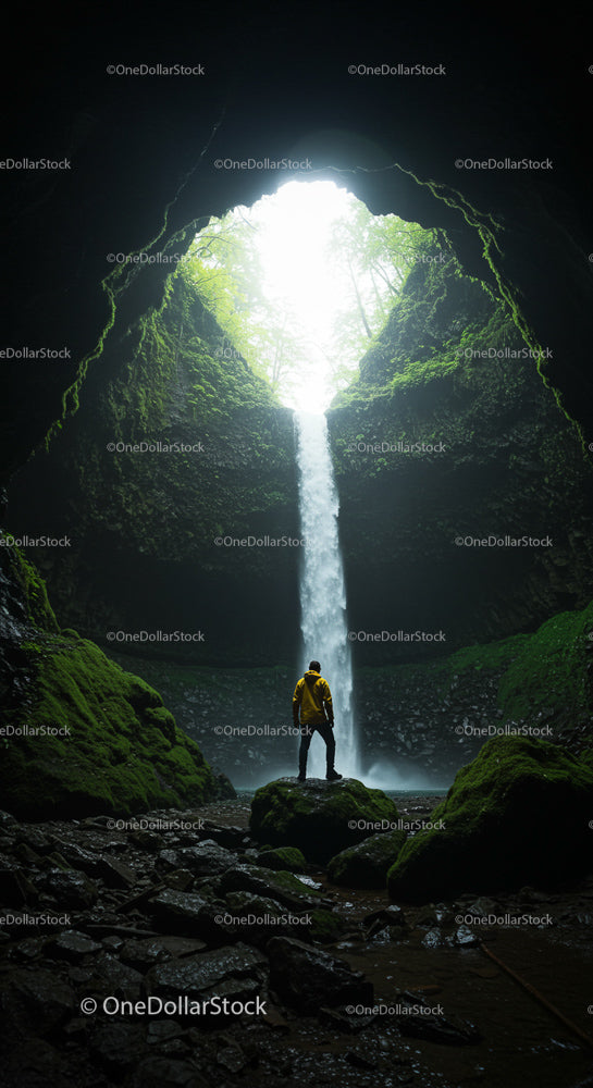 Adventurer Silhouetted by Majestic Cave Waterfall