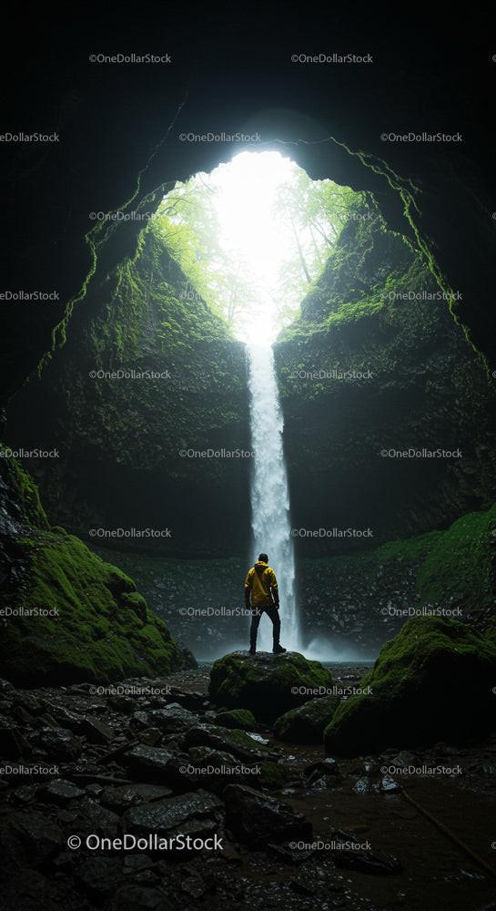 Adventurer Silhouetted by Majestic Cave Waterfall