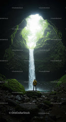 Adventurer Standing by Majestic Waterfall in a Cave