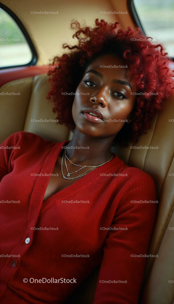Elegant Woman in Red Outfit Relaxing in Car