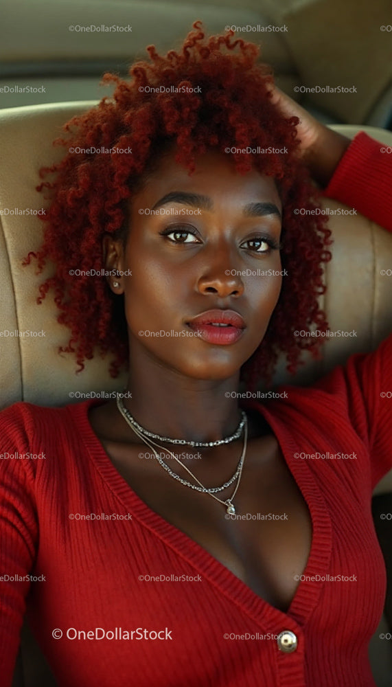 Elegant Woman with Red Curly Hair and Stylish Jewelry
