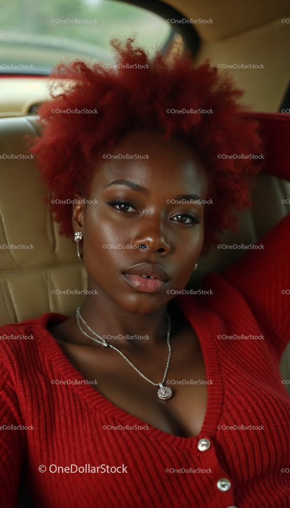 Confident Woman with Red Afro Hairstyle in Car Interior
