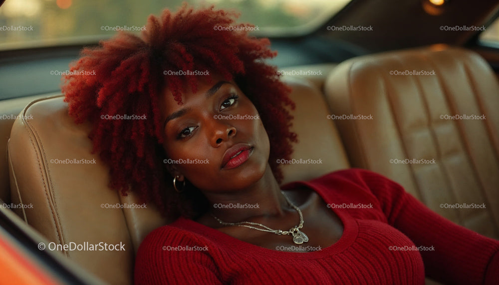 Woman Relaxing in Vintage Car with Red Sweater and Afro Hair