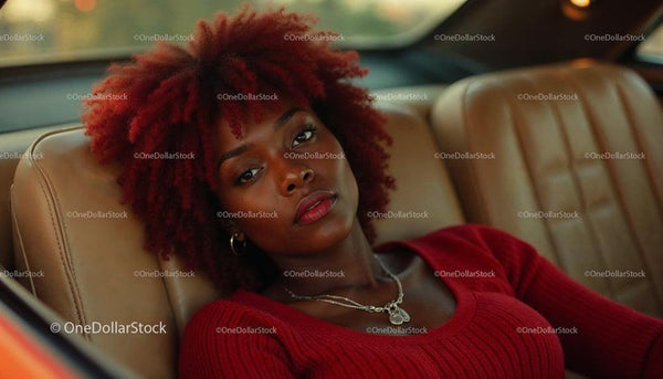 Woman Relaxing in Vintage Car with Red Sweater and Afro Hair