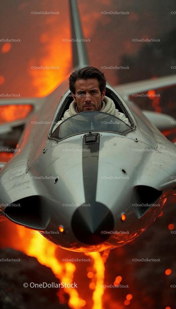Pilot in Fighter Jet Over Fiery Volcanic Eruption