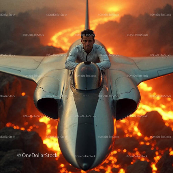 Pilot on Fighter Jet Above Volcanic Eruption
